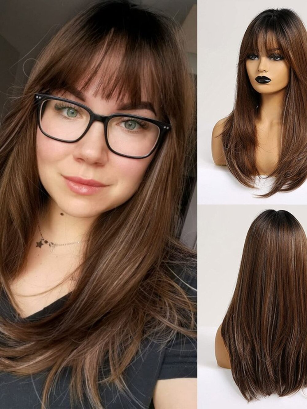 Brown Wigs for Women Long Straight layered Wig with Bangs Highlight Colour Heat